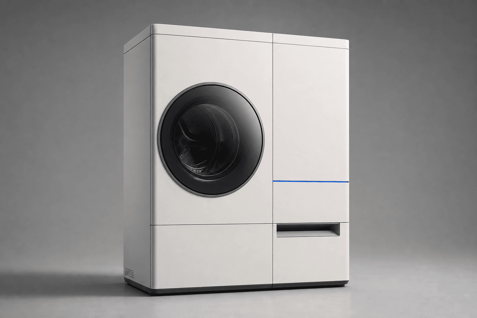 Rendu industriel de la Machine : un meuble mat avec un hublot circulaire et une sortie pour le linge plié.
