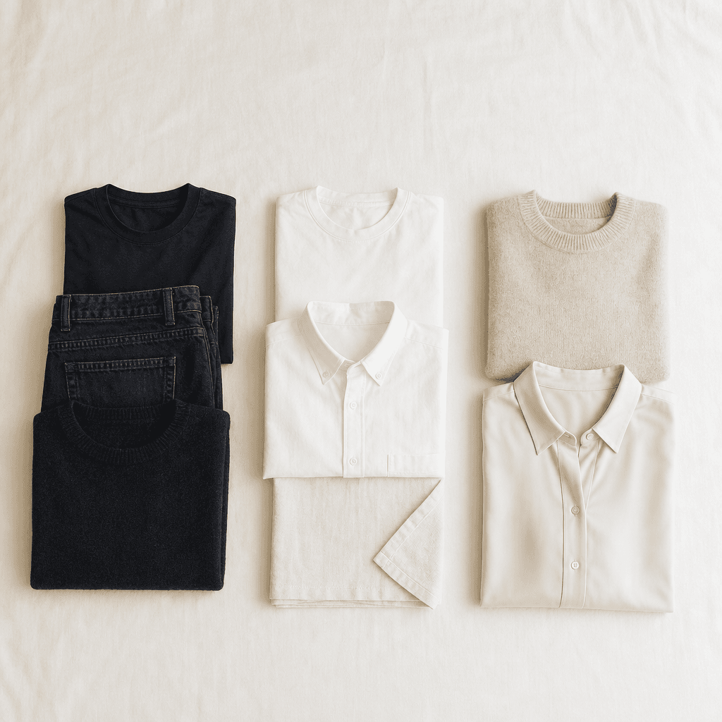 Le même linge séparé en trois groupes nets : coton foncé, blanc et lin, laine et soie.