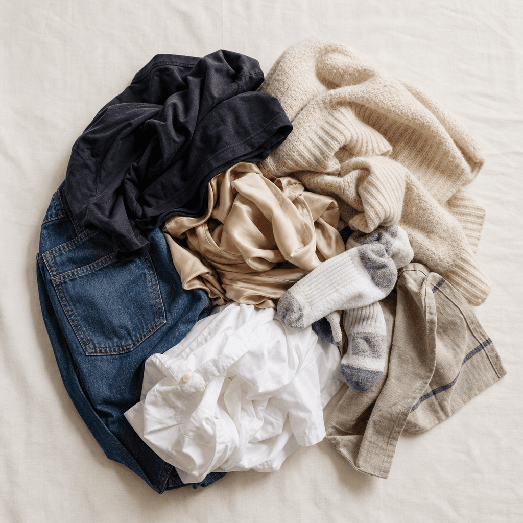 Un panier de linge mélangé, photographié à plat en lumière du jour.